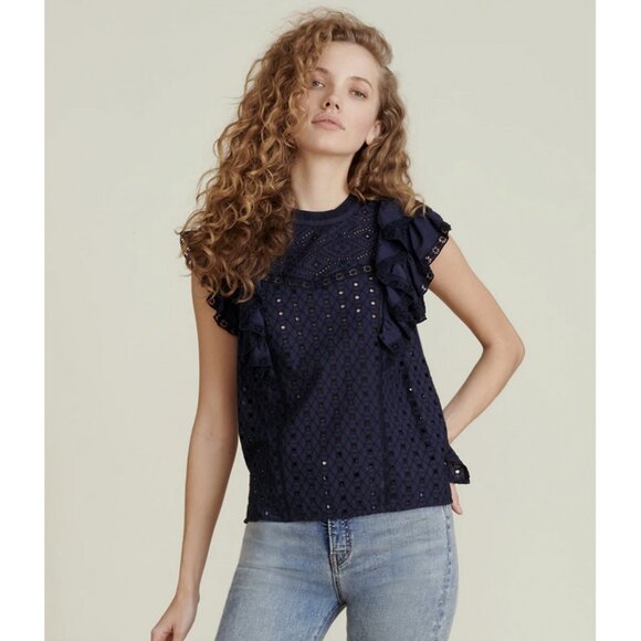 Veronica Beard Jie Ruffle Eyelet Top in Navy - Picture 1 of 10